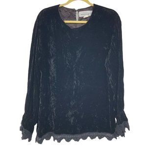 Broomskirts Of Dallas Black Crushed Velvet Top Shirt Sz M Crochet Trim Lagenlook